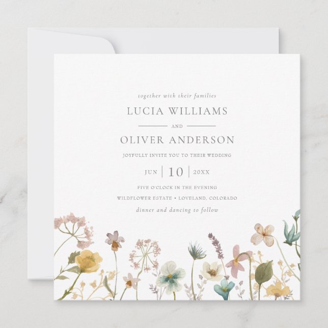 Convites Casamento de Flores Silvestres em Aquarela Quadrad (Frente)