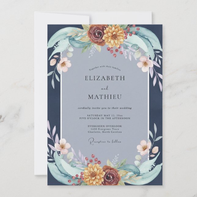 Convites Casamento de Flores Silvestres Índigo Ferrugem (Frente)
