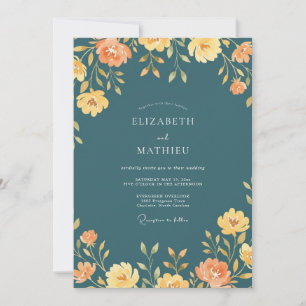Convites Casamento de Flores Silvestres Laranja Azul-Verde