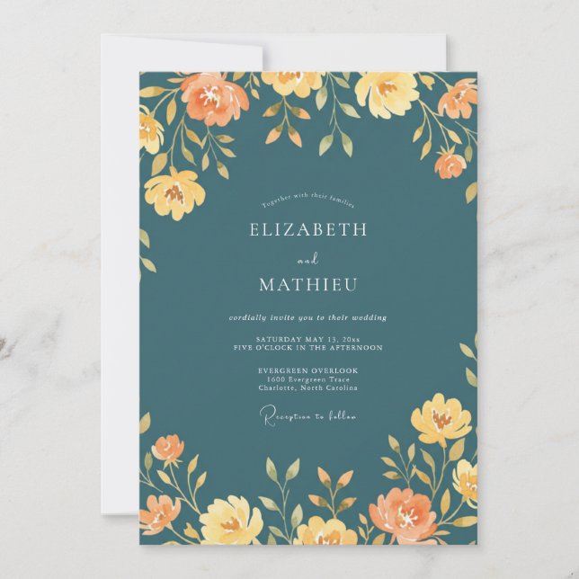 Convites Casamento de Flores Silvestres Laranja Azul-Verde (Frente)
