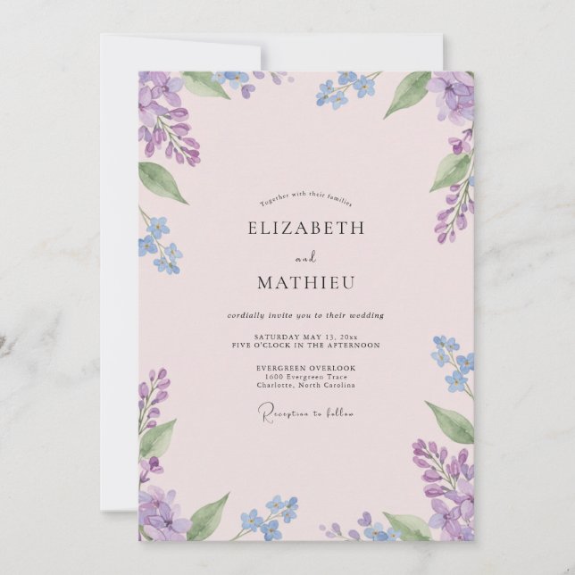 Convites Casamento de Flores Silvestres Lavanda e Periwinkl (Frente)