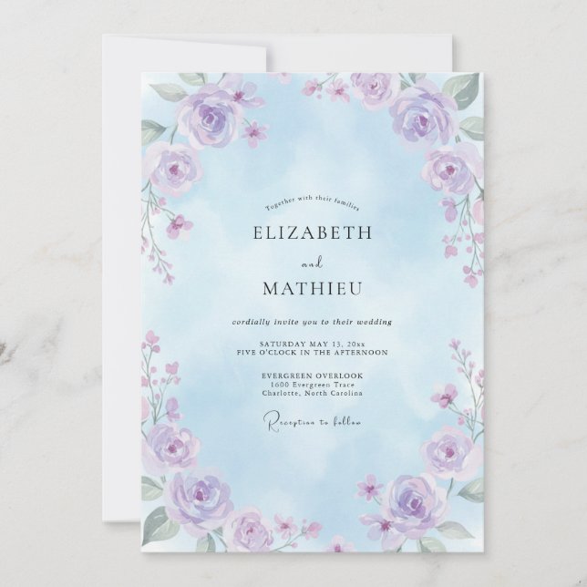 Convites Casamento de Flores Silvestres Lilás Céu (Frente)