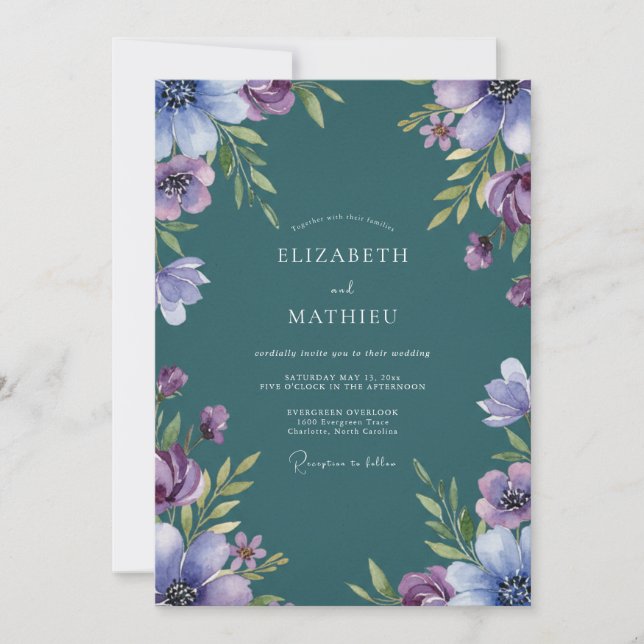 Convites Casamento de Flores Silvestres Lilás Teal (Frente)