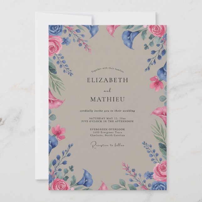Convites Casamento de Flores Silvestres Magenta Bege (Frente)