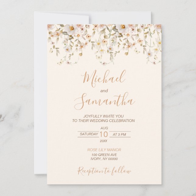 Convites Casamento de Flores Silvestres Marfim e Bege Rosad (Frente)