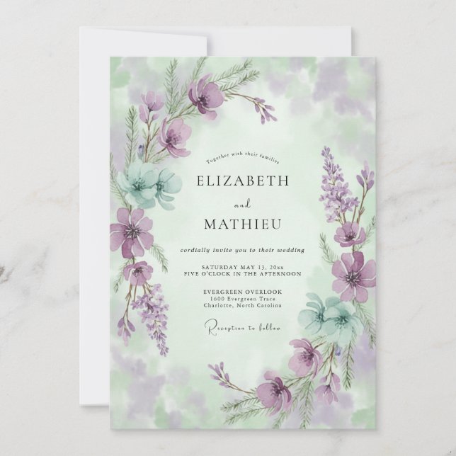 Convites Casamento de Flores Silvestres Mauve Aqua (Frente)