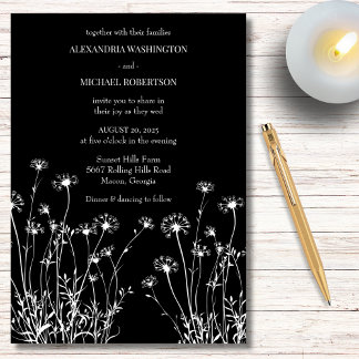 Convites Casamento de Flores Silvestres Modernas em Preto e
