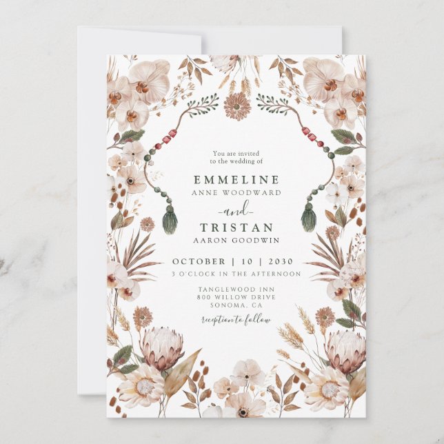 Convites Casamento de Flores Silvestres Neutras Boho (Frente)