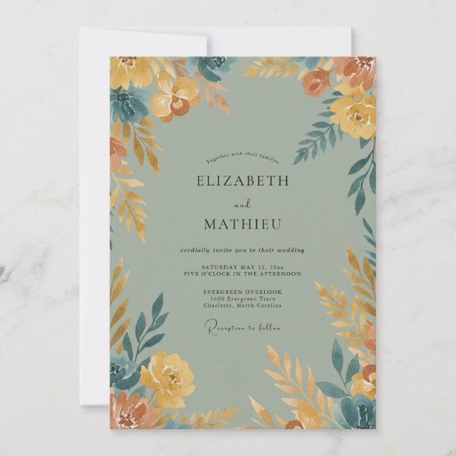 Convites Casamento de Flores Silvestres Ocre Dourado (Frente)