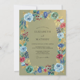 Convites Casamento de Flores Silvestres Oliva Cobalto