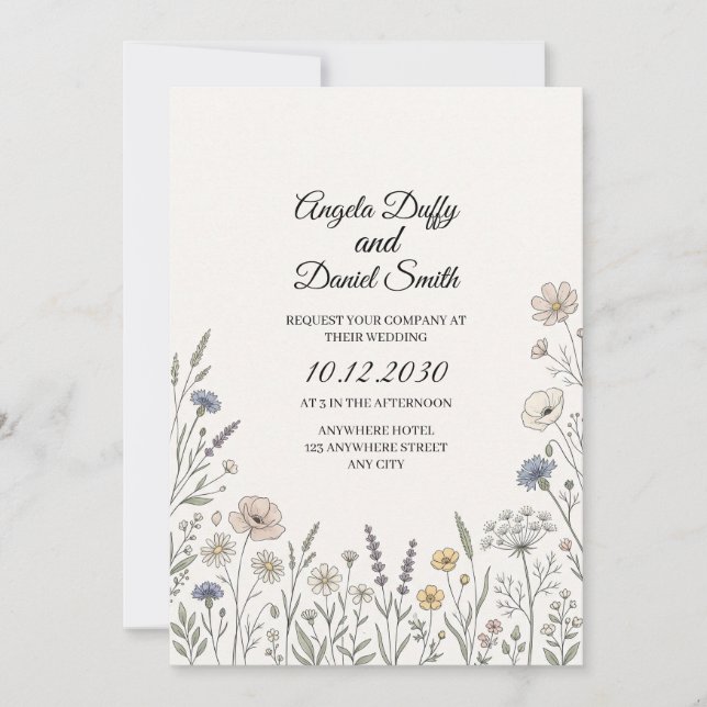 Convites Casamento de Flores Silvestres Pastel (Frente)