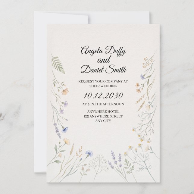 Convites Casamento de Flores Silvestres Pastel (Frente)