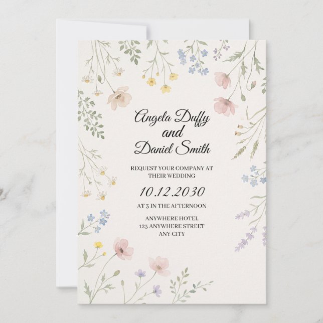 Convites Casamento de Flores Silvestres Pastel (Frente)