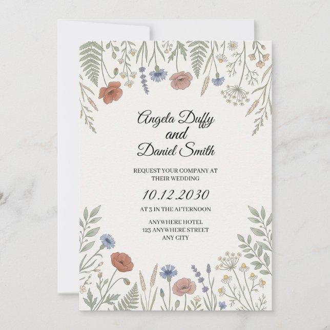 Convites Casamento de Flores Silvestres Pastel (Frente)