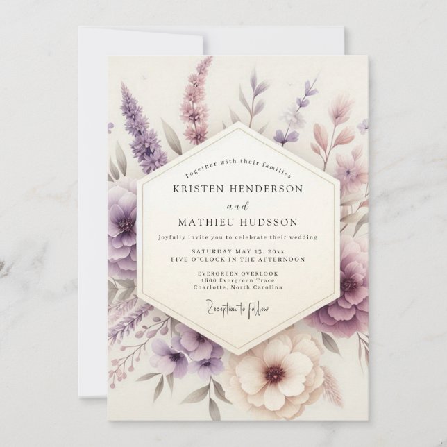 Convites Casamento de Flores Silvestres Pastel Lavanda (Frente)
