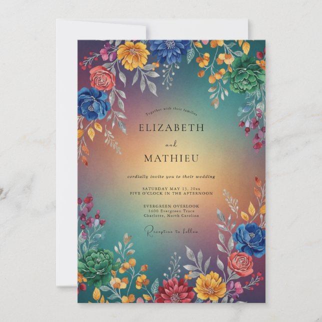 Convites Casamento de Flores Silvestres Pintadas com Cores  (Frente)