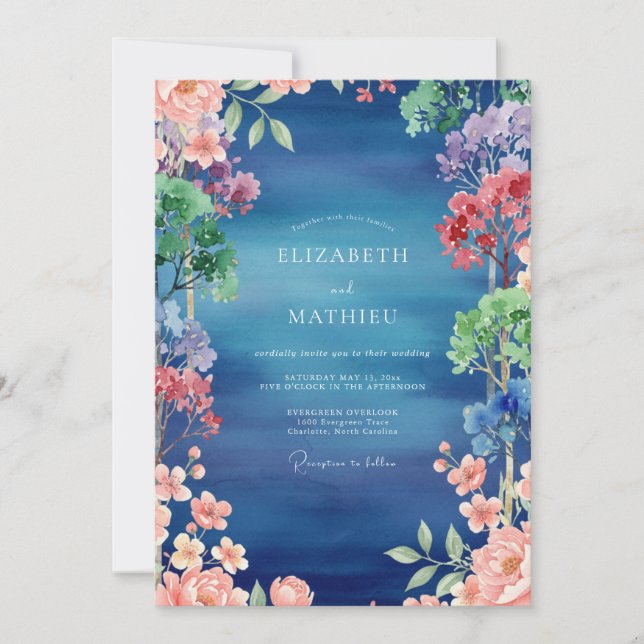 Convites Casamento de Flores Silvestres Pintadas de Índigo (Frente)