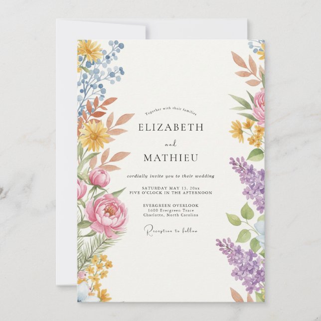 Convites Casamento de Flores Silvestres Pintadas Multicolor (Frente)