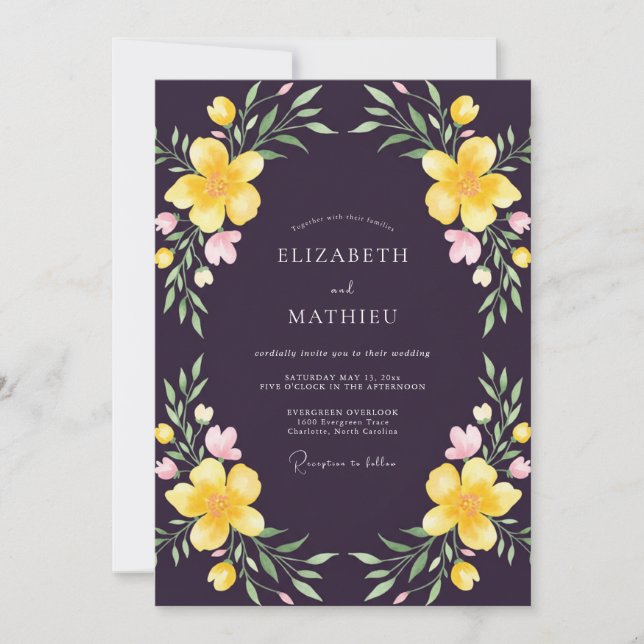 Convites Casamento de Flores Silvestres Plum Gold (Frente)