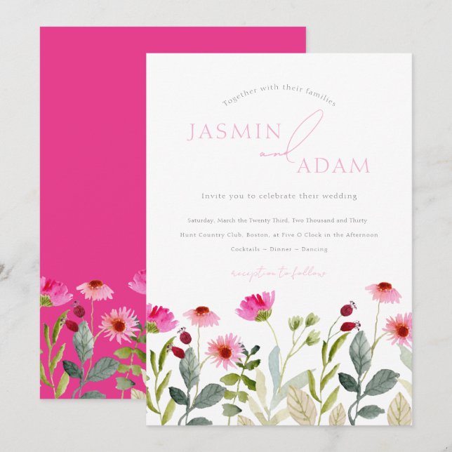 Convites Casamento de Flores Silvestres Rosa Moderno (Frente/Verso)