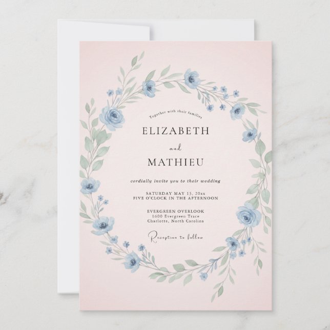 Convites Casamento de Flores Silvestres Rosa Pálido Azul Cé (Frente)