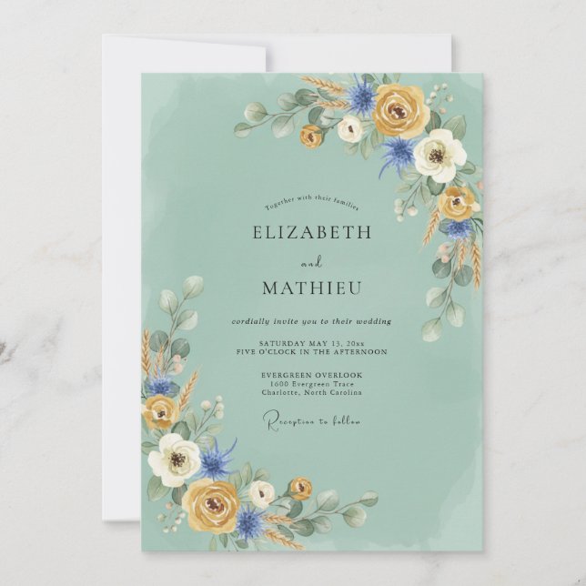 Convites Casamento de Flores Silvestres Verde Sage Vibrante (Frente)