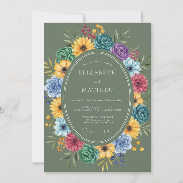 Convites Casamento de Flores Silvestres Vibrantes Oliva (Frente)