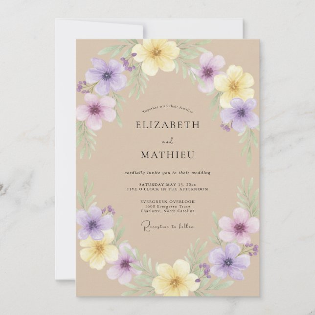 Convites Casamento de Flores Silvestres Violeta Areia (Frente)