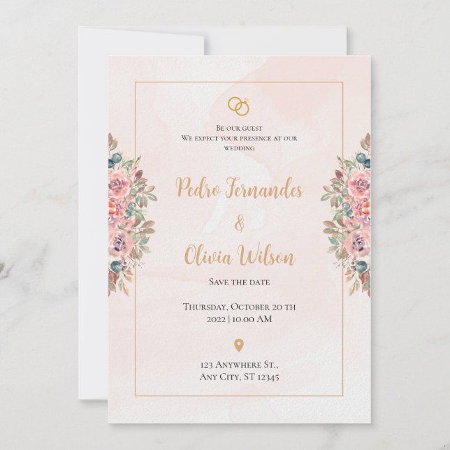Convites Casamento de flores simples rosa (Frente)
