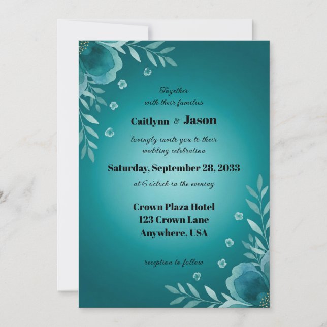 Convites Casamento de Flores Sutis Teal Whisper (Frente)