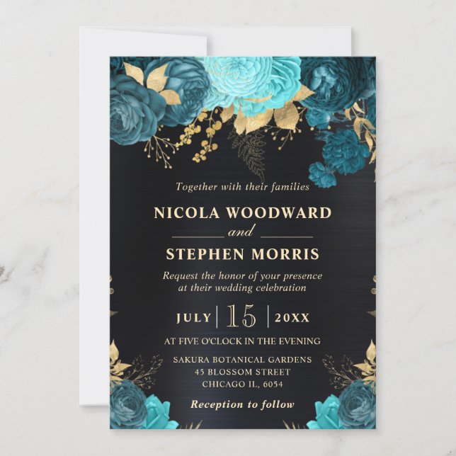 Convites Casamento de Flores Teal e Dourado em Aquarela Ele (Frente)