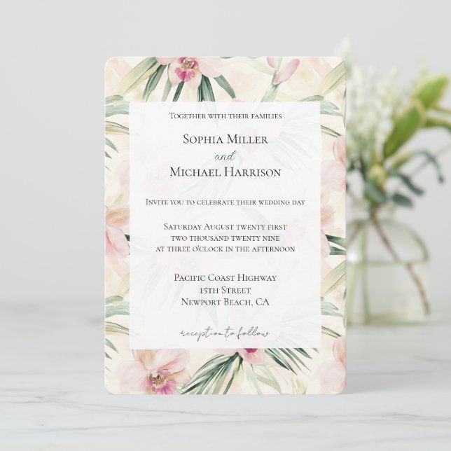 Convites Casamento de Flores Tropicais bonito Rosa (Em pé/Frente)