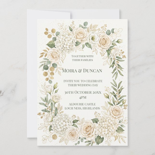 Convites Casamento de Flores Verdejantes de Marfim (Frente)