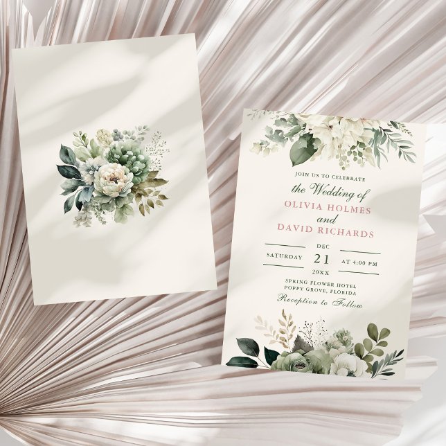 Convites Casamento de Flores Verdes e de Marfim do Sábio Mo (Modern Sage Green and Ivory Flowers Wedding Invitation on a sunny neutral dry palm leaf.)