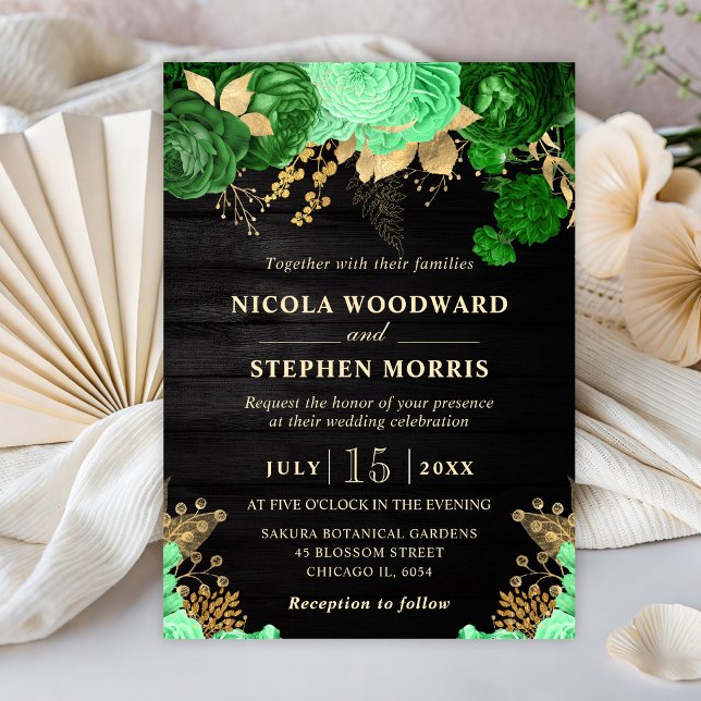 Convites Casamento de Flores Verdes e Douradas em Aquarela  (Criador carregado)