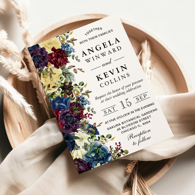 Convites Casamento de Flores Vermelhas e Marinhos de invern (Criador carregado)