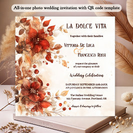 Convites Casamento de Flores Vermelhas Italianas "All-in-on