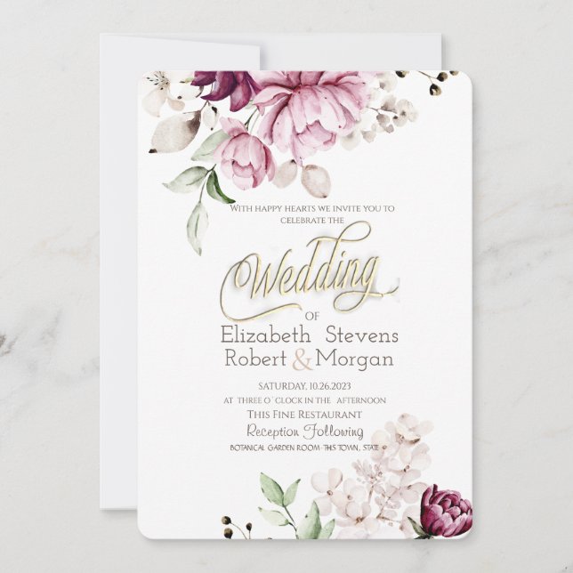 Convites Casamento de Flores Violeta Aquarela Chic (Frente)