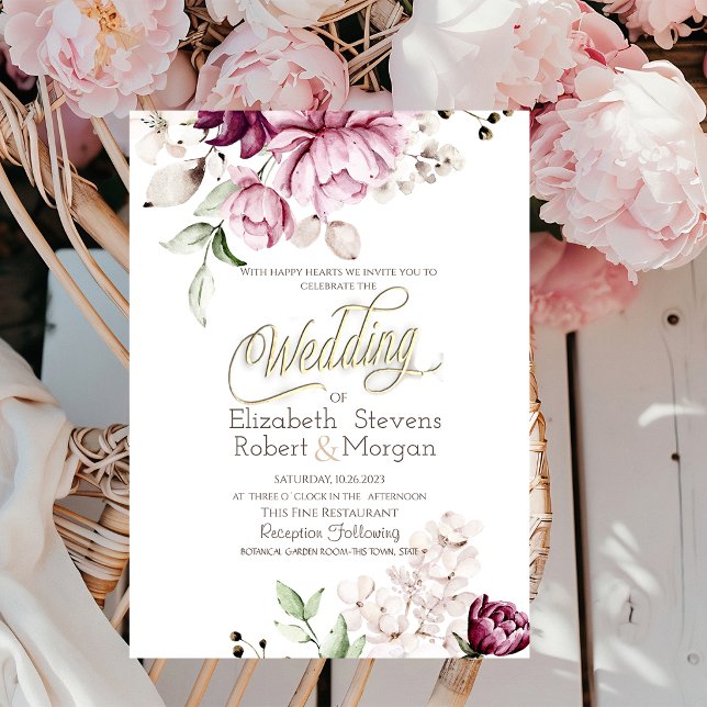 Convites Casamento de Flores Violeta Aquarela Chic (Criador carregado)
