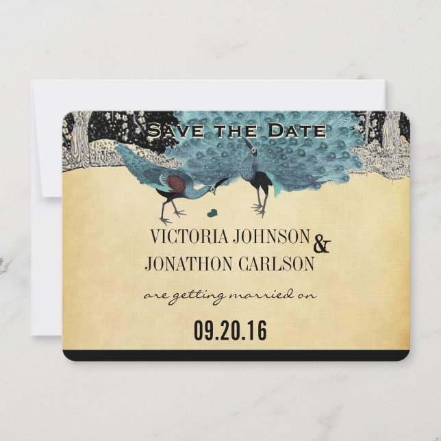 Convites Casamento de Floresta de Ouro de Peacock em Arte D (Frente)