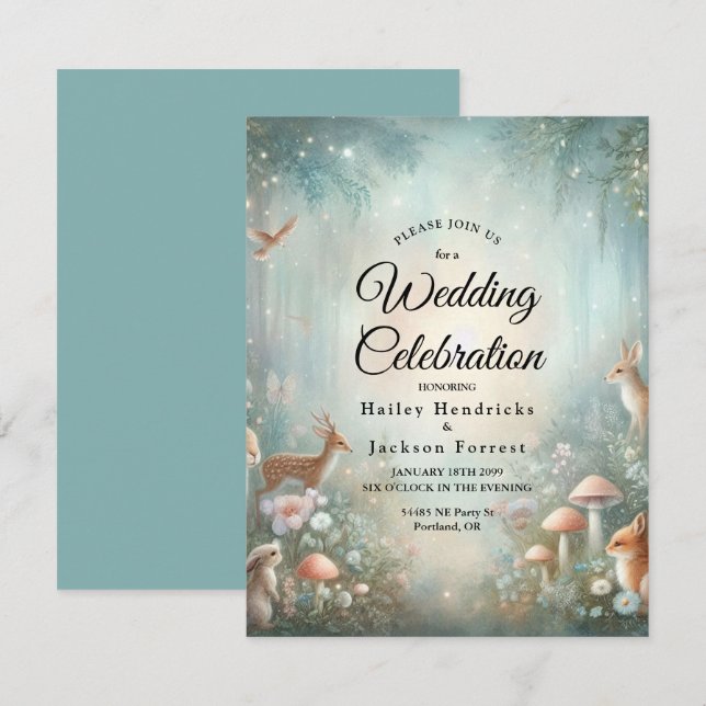 Convites Casamento de Floresta Encantada de Teal e Peach (Frente/Verso)