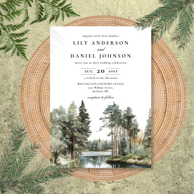 Convites Casamento de Floresta Florestal do Lago Aquarela E (Elegant Watercolor Lake Forest Woodland Wedding Invitation)