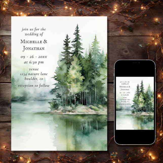 Convites Casamento de Floresta Florestal do Lago Rustic Wat (Printed and Digital - Watercolor Rustic Lake Woodland Forest Wedding Invitation)