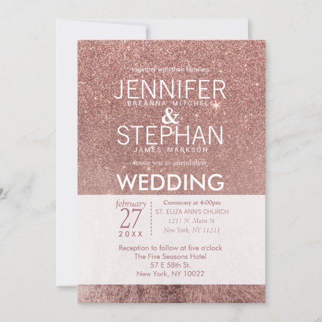 Convites Casamento de Foil com Glitter Dourado Rosa Girly M (Frente)