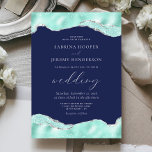 Convites Casamento de Folha Azul de Prata Azul de Aqua<br><div class="desc">Este convite de casamento de moda apresenta folha aqua e folha fina prateada e bordas onduladas brilhantes no topo e no fundo sobre um fundo azul marinho. A palavra "casamento" aparece em escrita caligráfica. Personalize o texto branco com os nomes da noiva e do noivo e os detalhes do casamento....</div>