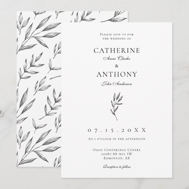 Convites Casamento de Folha Clássica Elegante Minimalista S (Frente/Verso)