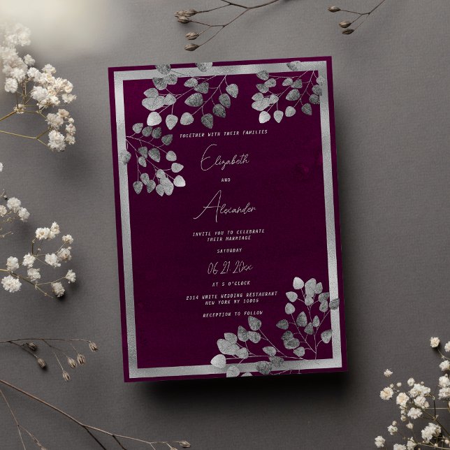 Convites Casamento de folha de eucalipto prateado com burgu (Elegant burgundy silver eucalyptus leaf wedding)