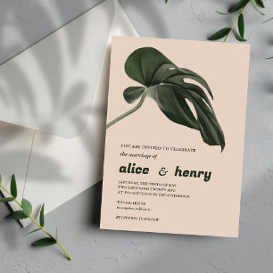 Convites Casamento de folha de filodendron verde e rosa-cla