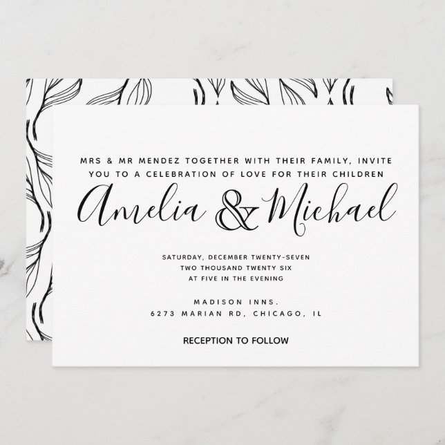 Convites Casamento De Folha De Folha Floral De Folha Branca (Frente/Verso)