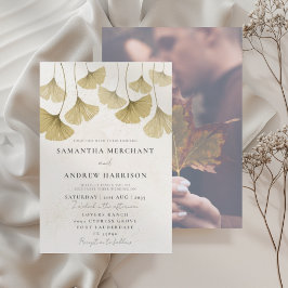 Convites Casamento de Folha de Ginkgo com Aquarela Dourada